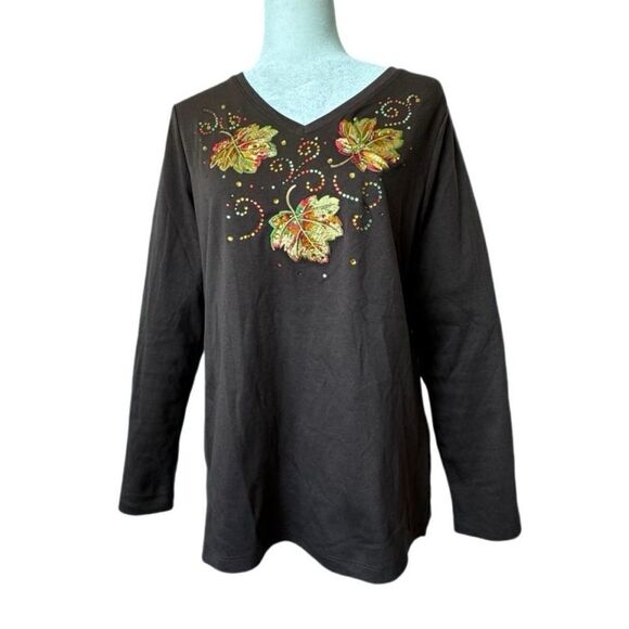 Brown Pullover Shirt Leaf Embroidered Gemstone Design - Picture 1 of 10